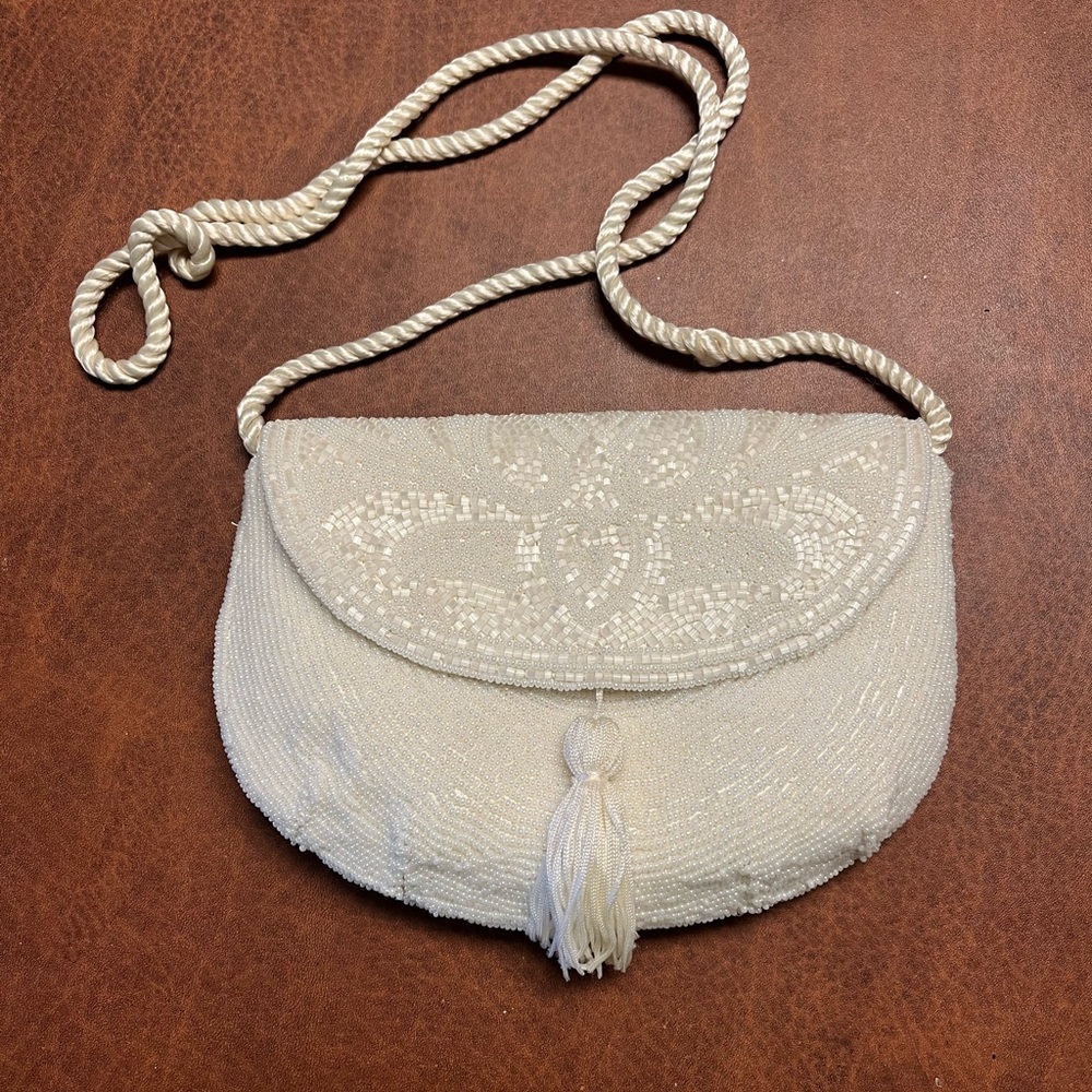 Small, White, Beaded Evening Purse